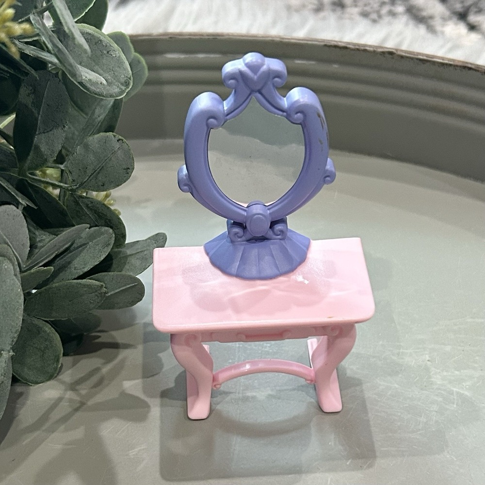 Doll Furniture 4" Dressing Table Plastic Vanity Pink & Purple Mirror
